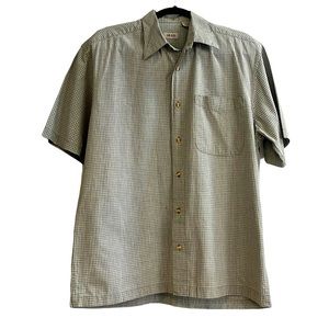 VINTAGE IZOD SHORT SLEEVE BUTTON DOWN COTTON CHECKERED SHIRT GREEN SIZE M